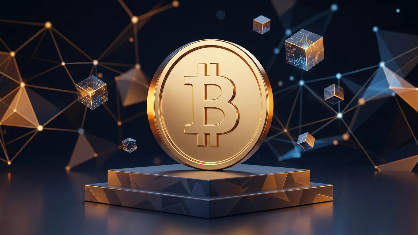 Χρυσό νόμισμα Bitcoin σε φωτιζόμενο ψηφιακό βάθρο blockchain για συναλλαγές σε bitcoin καζίνο