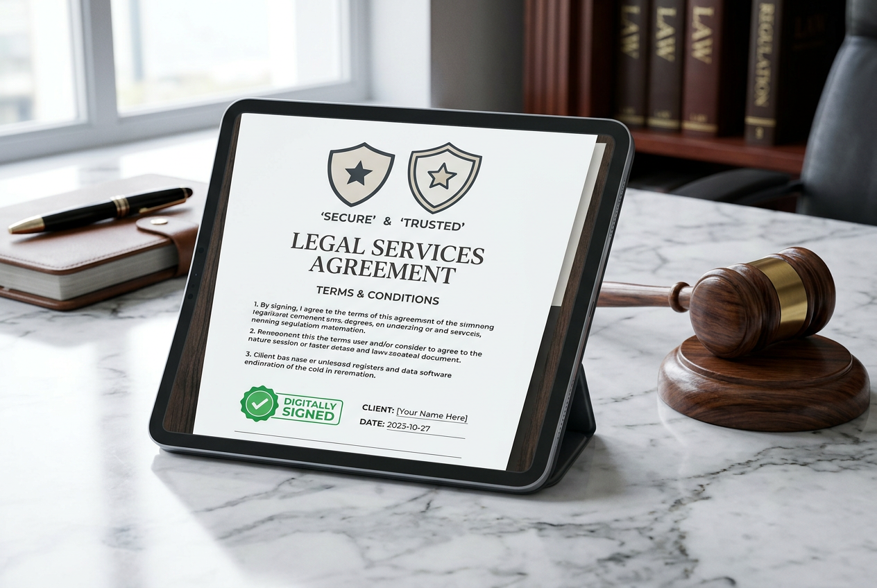 A digital tablet showing a compliance checklist with a small gavel.