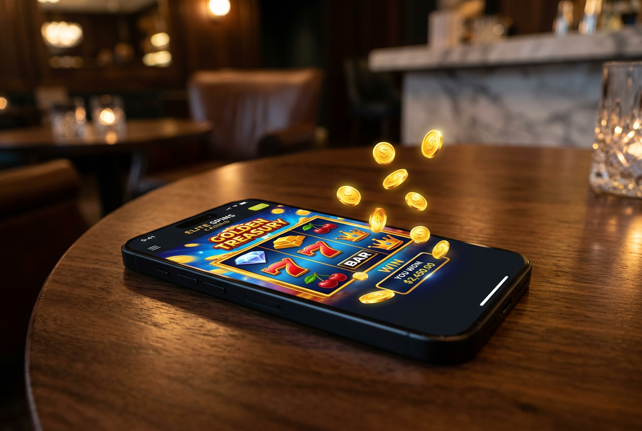 Modern smartphone displaying a casino interface with 3D slot icons.